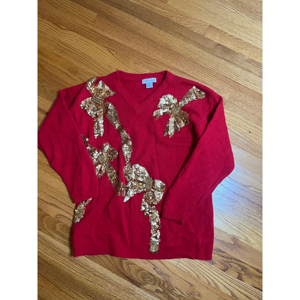 Vtg 80s Eminent Red Lambswool Sequin Bows V-Neck Christmas Holiday Sweater M